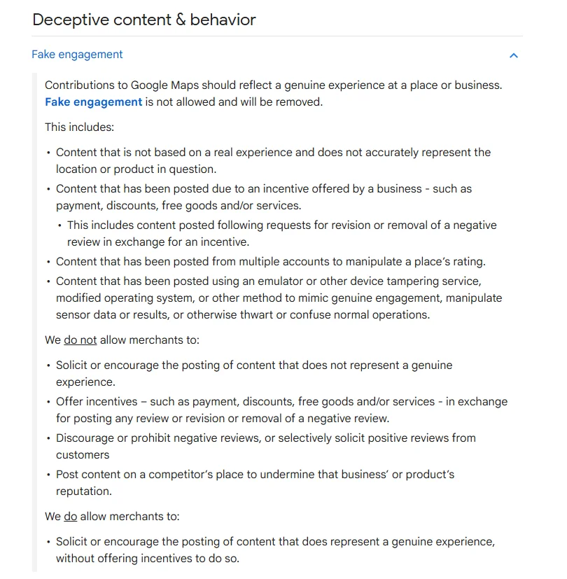 The list of Google's policies on what is not allowed when asking for reviews
