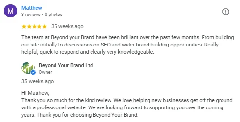 Beyond Your Brand replying to a positive review on the business's Google Business Profile