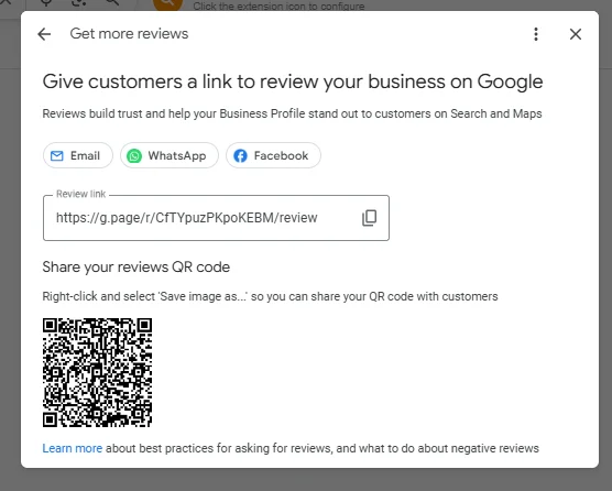 Google Business Profile QR code and review link to give to customers