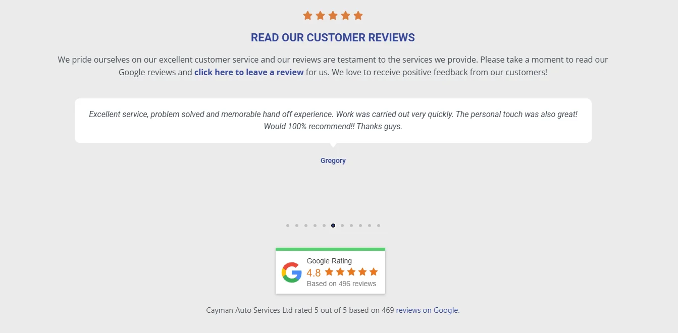 Website page with Google review plugin pulling google reviews on to the page and showing 4.8 stars