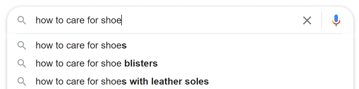  Google autocomplete showing ‘how to care for shoe’ resulting in a prediction of ‘how to care for shoe blisters