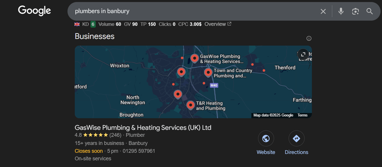screenshot of Google results showing local plumbing businesses
