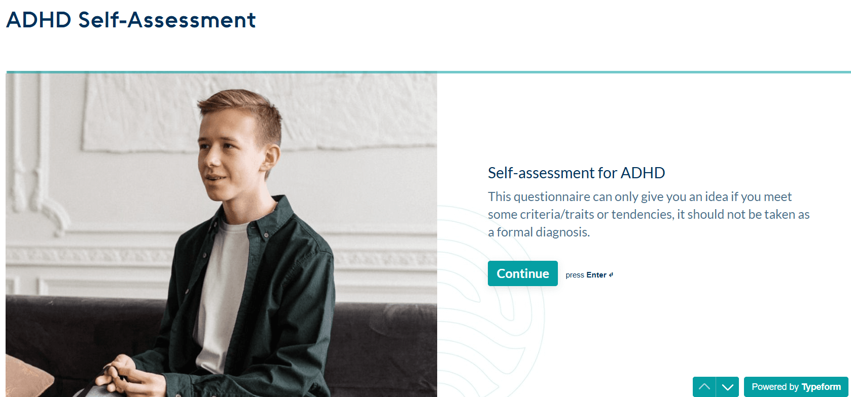 ADHD self-assessment page displaying questions and options for evaluating attention and focus challenges.  