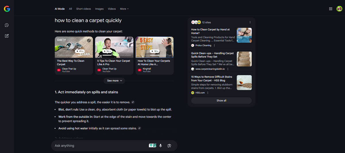 Screenshot of a Google AI mode search results