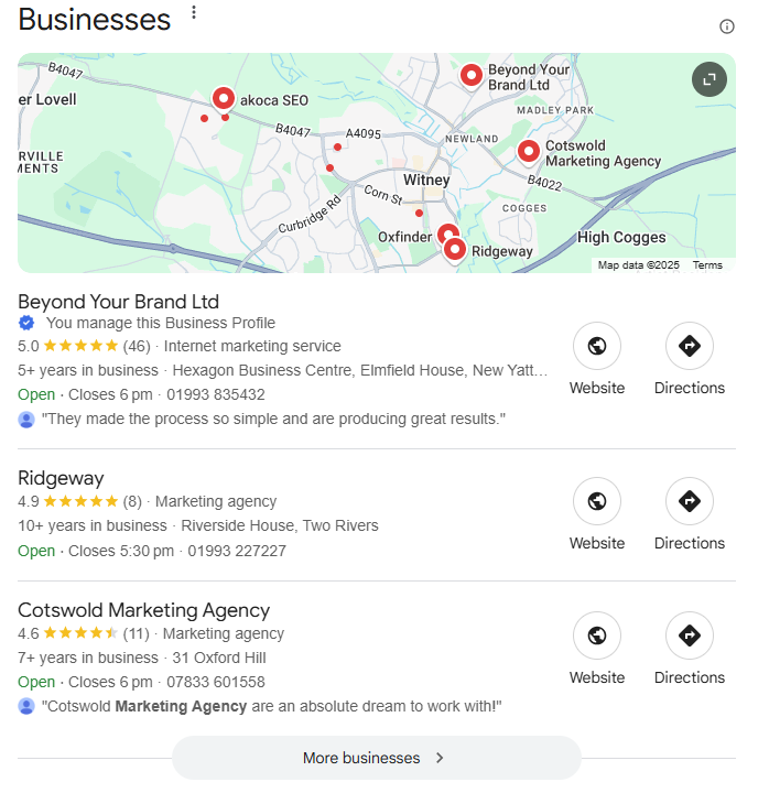 A screenshot of a Google Local Map Pack showing company details and locations on a map for 3 digital marketing agencies in Witney, Oxfordshire, with Beyond Your Brand Ltd showing in position 1 with 56 positive 5 star reviews.