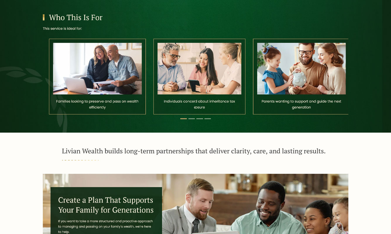 Livian Wealth family financial planning webpage showing different clients who can benefit from the service