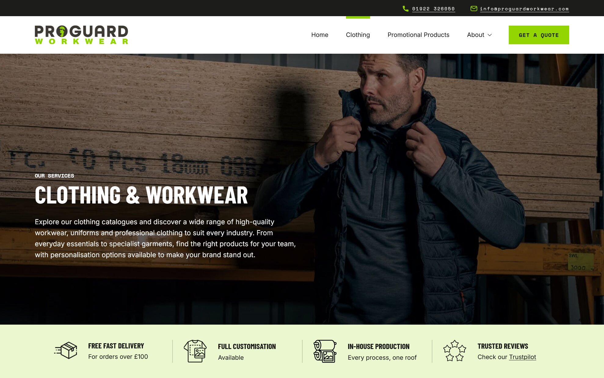 Proguard Workwear clothing page featuring a man in a padded work jacket and details of personalisation services.