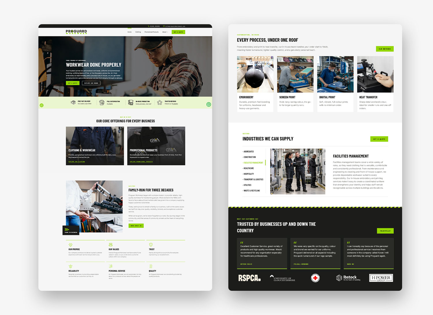 Proguard Workwear website design showcasing clothing, customisation services, industry sectors and customer testimonials in a black, white and lime green layout.