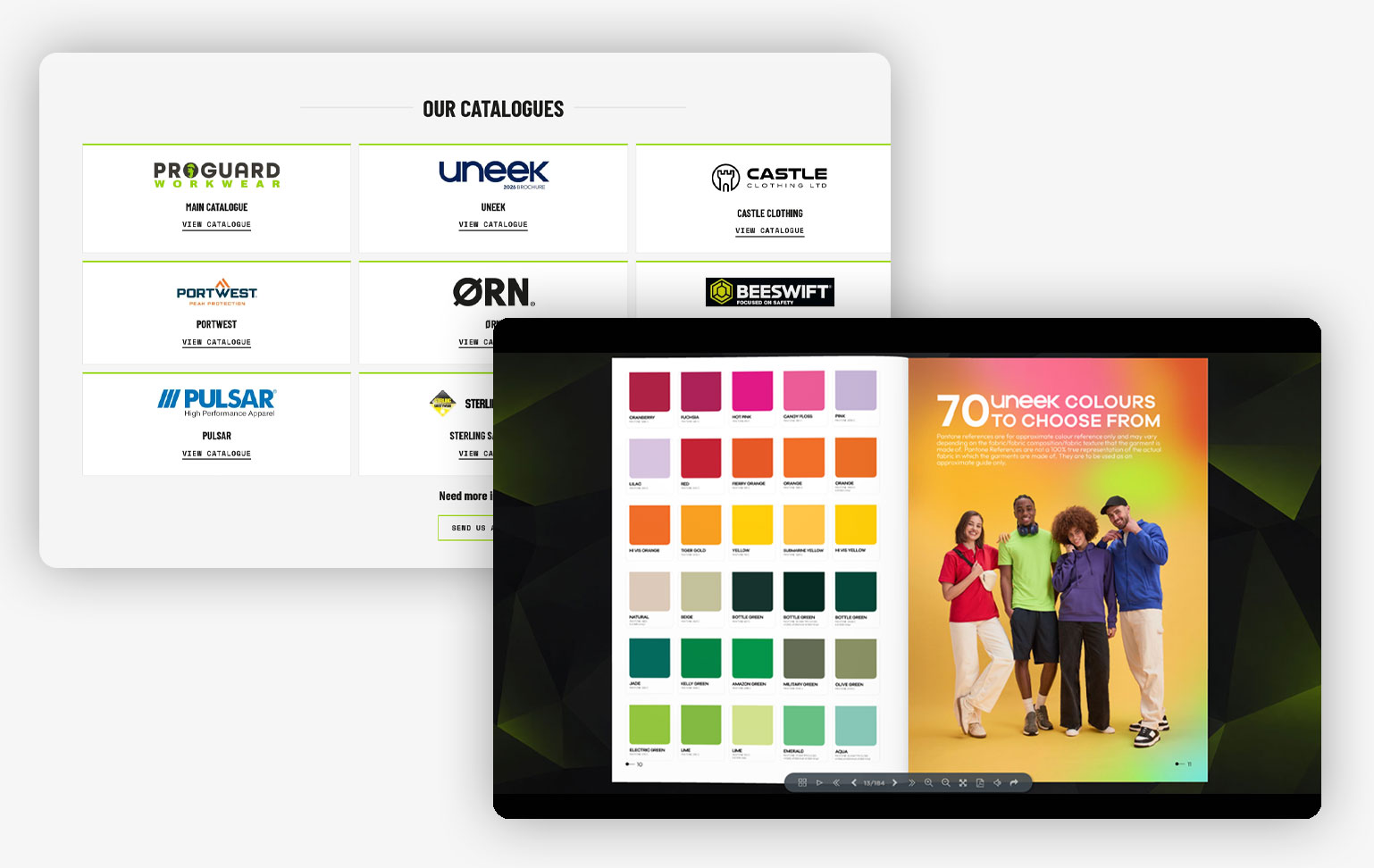 Proguard Workwear supplier catalogue grid alongside an interactive Uneek brochure displaying clothing colours and models.