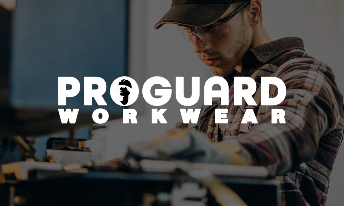 Proguard Workwear logo over a workshop scene showing a worker wearing safety glasses and gloves.