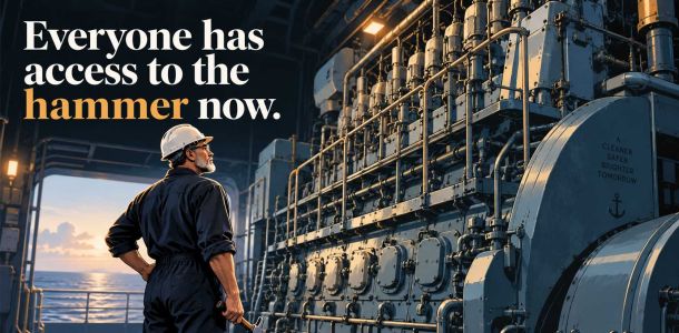 Engineer holding a hammer beside a ship engine with the words everyone has access to the hammer now