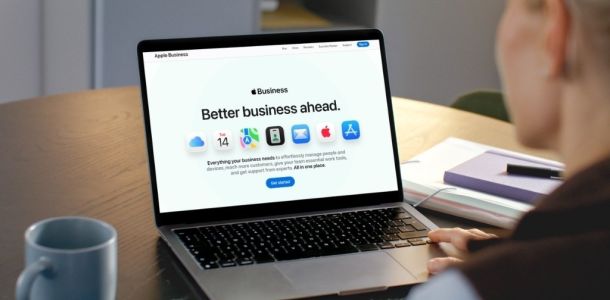 Person viewing the Apple Business website on a laptop at a desk.
