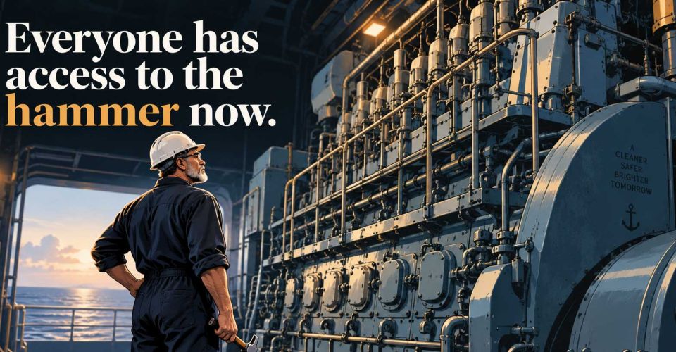 Engineer holding a hammer beside a ship engine with the words everyone has access to the hammer now