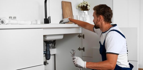 A man in blue overalls is repairing a sink, focused on fixing the plumbing underneath.