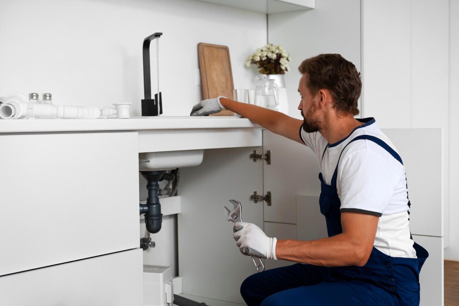 A man in blue overalls is repairing a sink, focused on fixing the plumbing underneath.