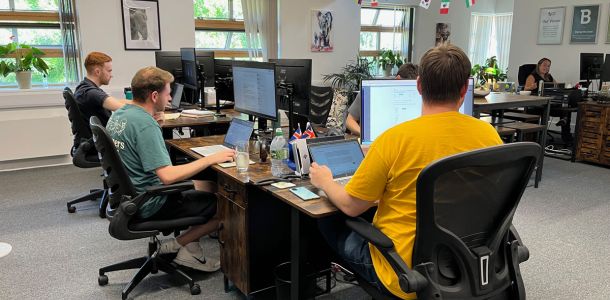Open-plan office with several employees working at desks equipped with computers and laptops in a bright workspace with exposed wooden beams, large windows, indoor plants, and international flags hanging from the ceiling.