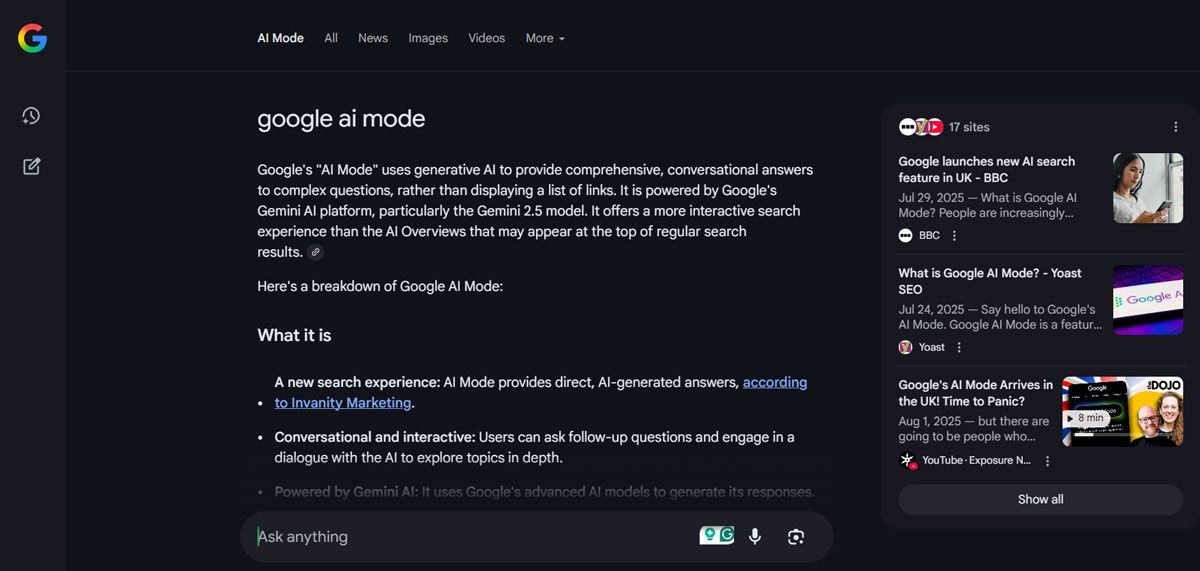 Screenshot of Google AI mode