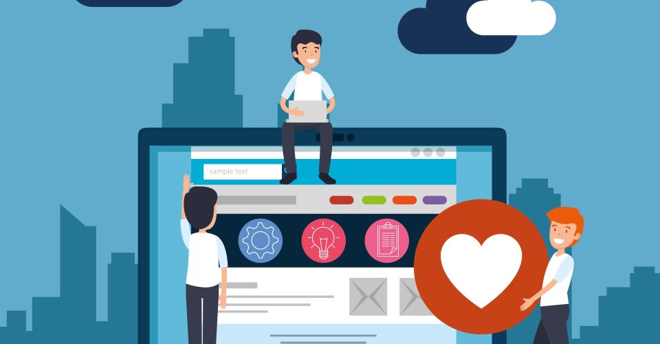 Men with laptop and office website information