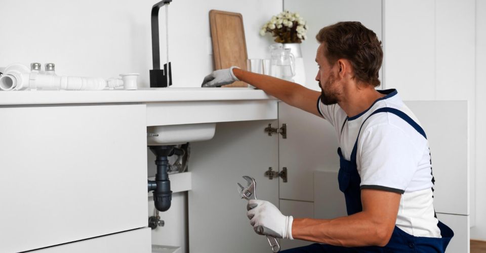 A man in blue overalls is repairing a sink, focused on fixing the plumbing underneath.