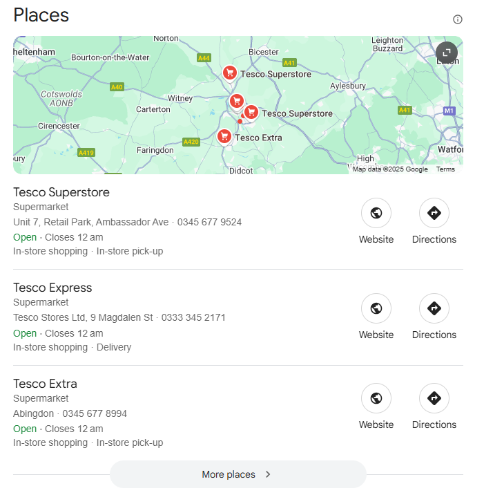 A screenshot of a local map pack showing 3 Tesco retail store locations in and around Oxford