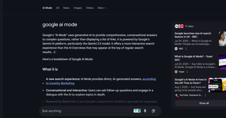 Screenshot of Google AI mode