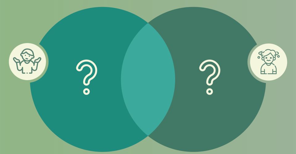 A venn diagram with 2 partially overlapping circles with a question mark in each circle. This visually represents the question "What two aspects to you need to be successful at SEO?"